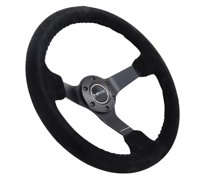 NRG Reinforced Steering Wheel (350mm / 3in. Deep) Blk Suede/Blk Bball Stitch w/5mm Matte Black Spoke NRG Steering Wheels AXOPROS