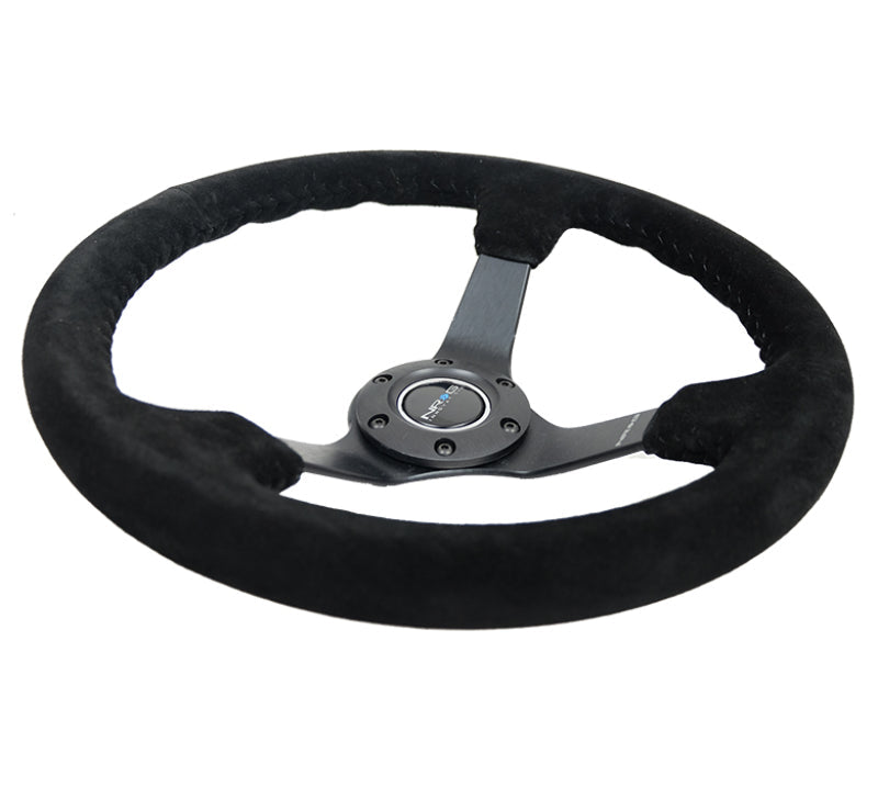 NRG Reinforced Steering Wheel (350mm / 3in. Deep) Blk Suede/Blk Bball Stitch w/5mm Matte Black Spoke NRG Steering Wheels AXOPROS