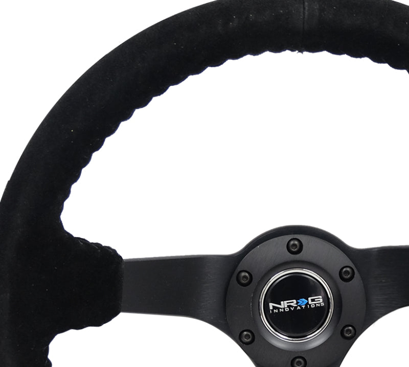 NRG Reinforced Steering Wheel (350mm / 3in. Deep) Blk Suede/Blk Bball Stitch w/5mm Matte Black Spoke NRG Steering Wheels AXOPROS
