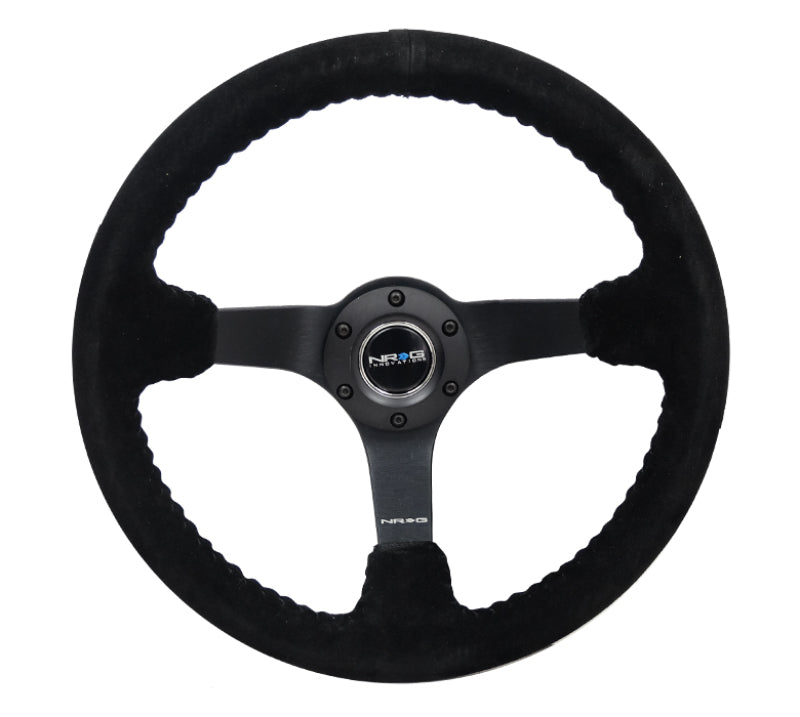 NRG Reinforced Steering Wheel (350mm / 3in. Deep) Blk Suede/Blk Bball Stitch w/5mm Matte Black Spoke NRG Steering Wheels AXOPROS