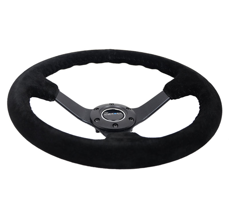 NRG Reinforced Steering Wheel (350mm / 3in. Deep) Blk Suede/Blk Bball Stitch w/5mm Matte Black Spoke NRG Steering Wheels AXOPROS