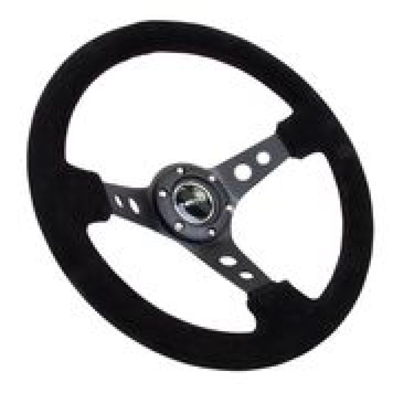 NRG Reinforced Steering Wheel (350mm / 3in. Deep) Blk Suede/Blk Stitch w/Black Circle Cutout Spokes NRG Steering Wheels AXOPROS