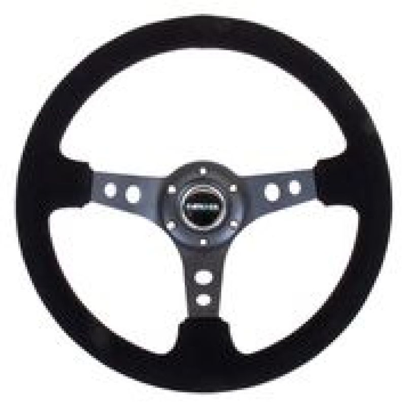 NRG Reinforced Steering Wheel (350mm / 3in. Deep) Blk Suede/Blk Stitch w/Black Circle Cutout Spokes NRG Steering Wheels AXOPROS