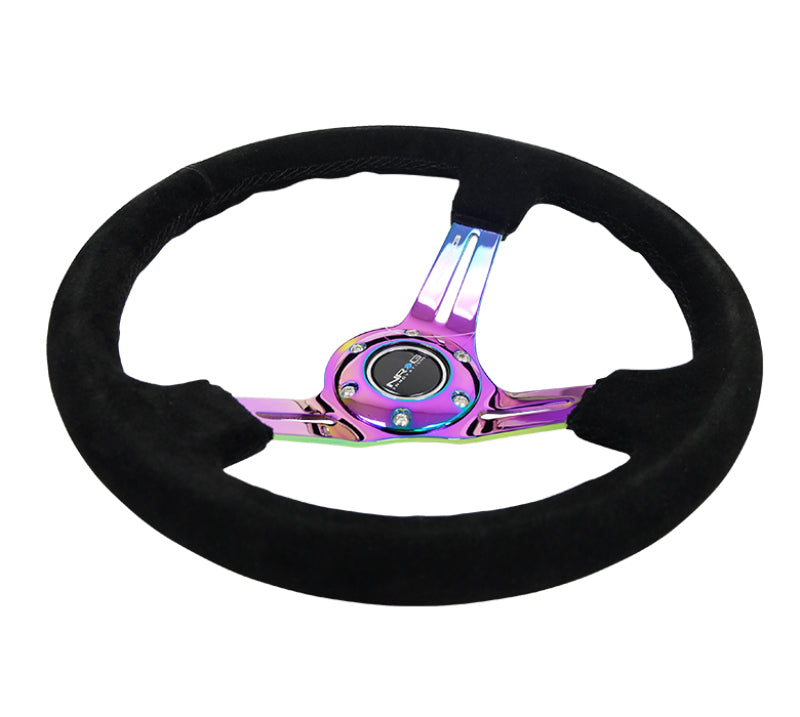 NRG Reinforced Steering Wheel (350mm / 3in. Deep) Blk Suede/Blk Stitch w/Neochrome Slits NRG Steering Wheels AXOPROS