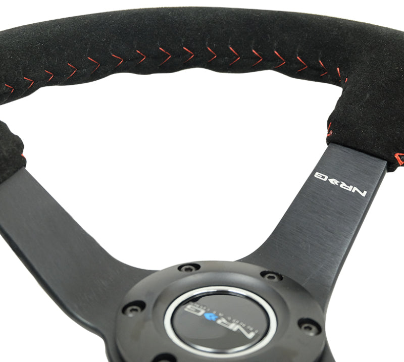 NRG Reinforced Steering Wheel (350mm / 3in. Deep) Blk Suede/Red BBall Stitch w/5mm Matte Blk Spokes NRG Steering Wheels AXOPROS