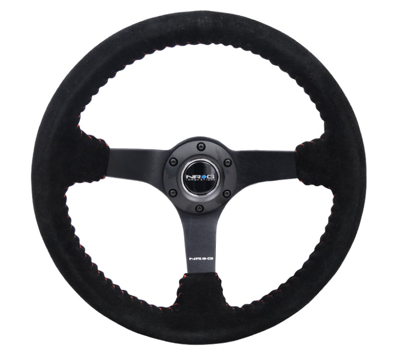 NRG Reinforced Steering Wheel (350mm / 3in. Deep) Blk Suede/Red BBall Stitch w/5mm Matte Blk Spokes NRG Steering Wheels AXOPROS