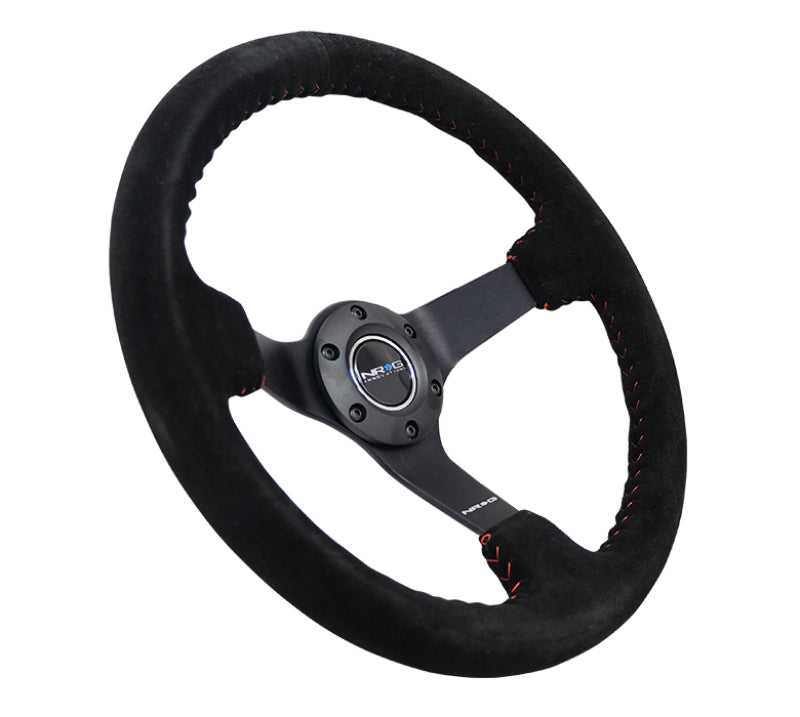 NRG Reinforced Steering Wheel (350mm / 3in. Deep) Blk Suede/Red BBall Stitch w/5mm Matte Blk Spokes NRG Steering Wheels AXOPROS