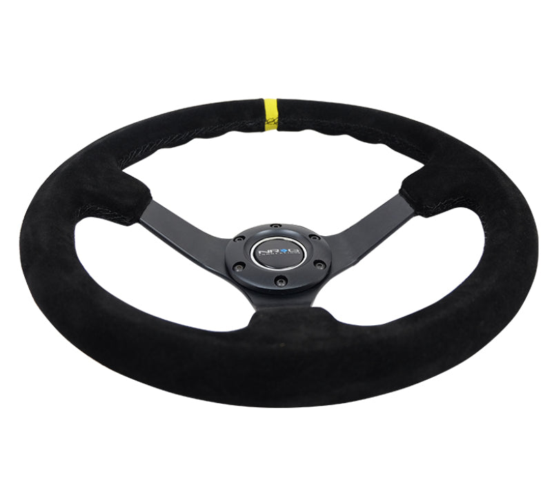 NRG Reinforced Steering Wheel (350mm / 3in. Deep) Blk Suede/X-Stitch w/5mm Blk Spoke & Yellow CM NRG Steering Wheels AXOPROS
