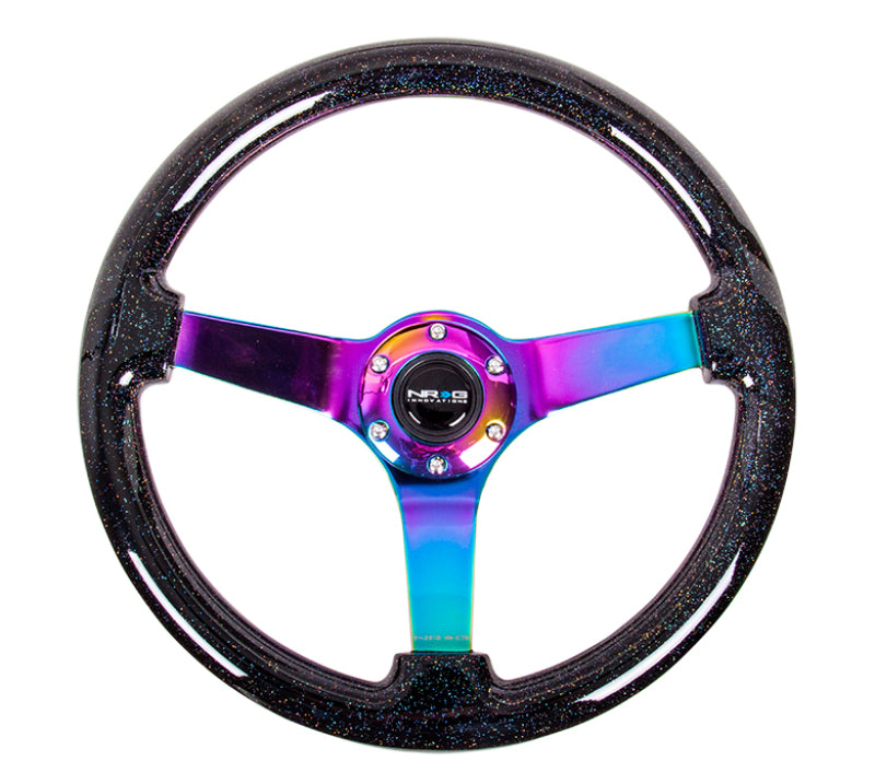 NRG Reinforced Steering Wheel (350mm / 3in. Deep) Classic Blk Sparkle w/4mm Neochrome 3-Spoke Center NRG Steering Wheels AXOPROS