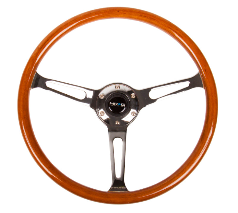NRG Reinforced Steering Wheel (360mm) Classic Wood Grain w/Chrome Cutout 3-Spoke Center NRG Steering Wheels AXOPROS