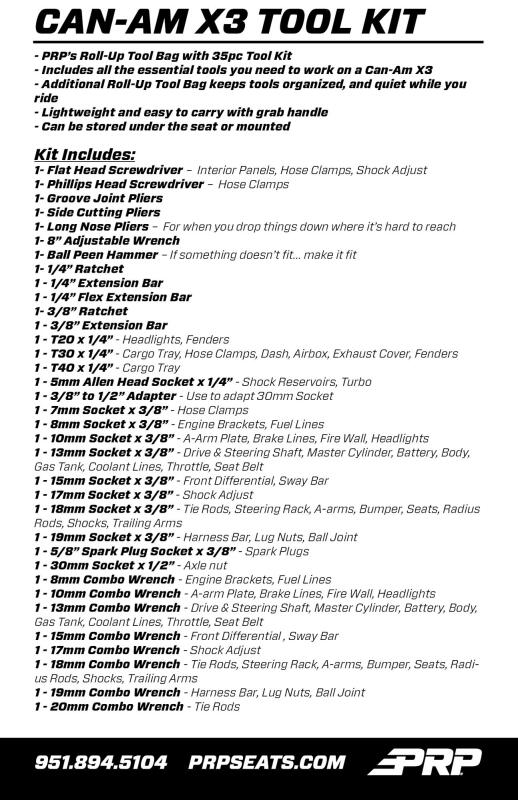 PRP 35pc Can-Am Roll Up Tool bag Tool kit - Black PRP Seats Tool Storage  AXOPROS