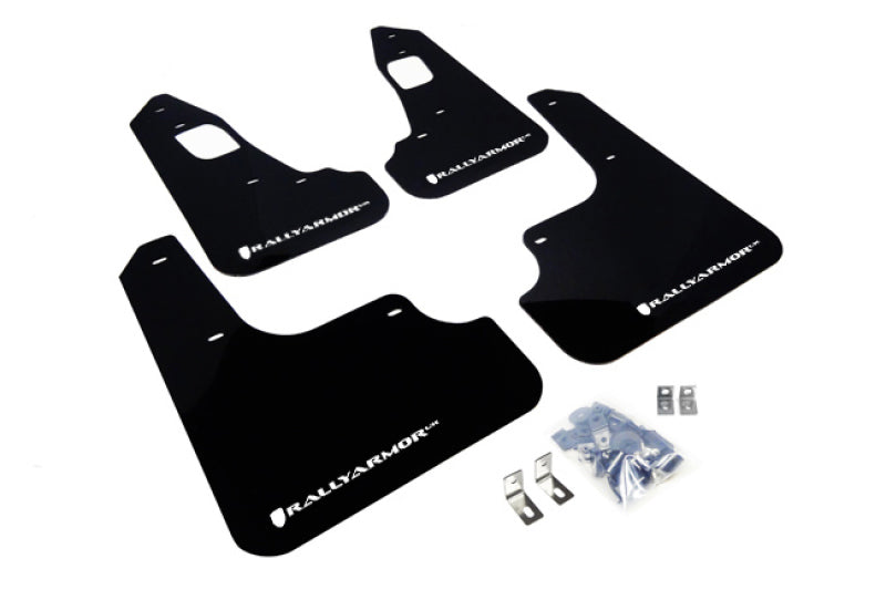 Rally Armor 08-17 Mitsubishi EVO X Black UR Mud Flap w/ White Logo Rally Armor Mud Flaps AXOPROS