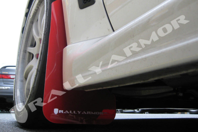 Rally Armor 08-17 Mitsubishi EVO X Red UR Mud Flap w/ White Logo Rally Armor Mud Flaps AXOPROS