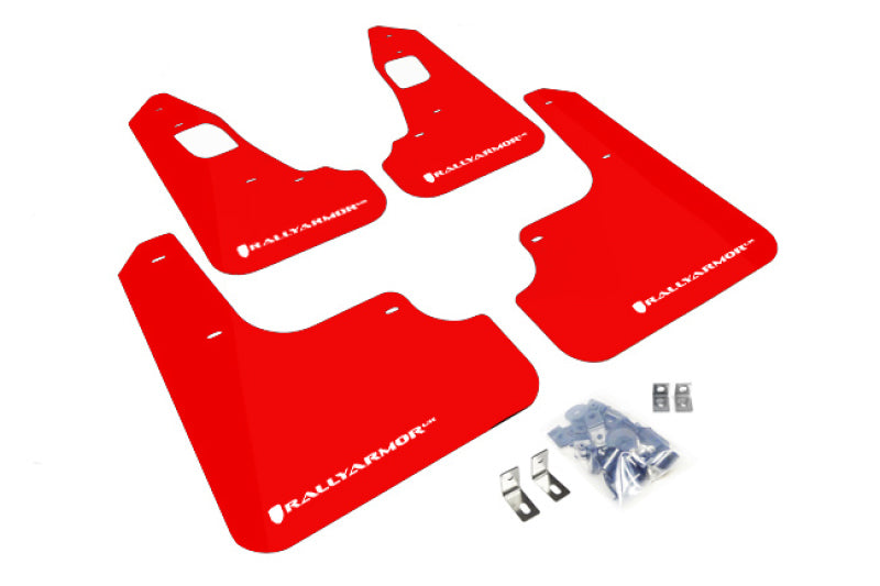Rally Armor 08-17 Mitsubishi EVO X Red UR Mud Flap w/ White Logo Rally Armor Mud Flaps AXOPROS