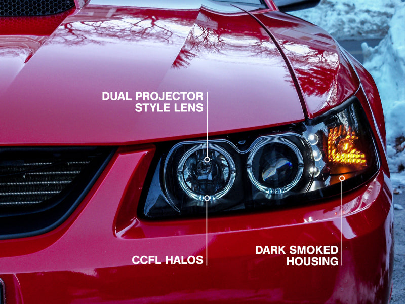 Raxiom 99-04 Ford Mustang Dual LED Halo Projector Headlights- Black Housing (Smoked Lens) Raxiom Headlights AXOPROS