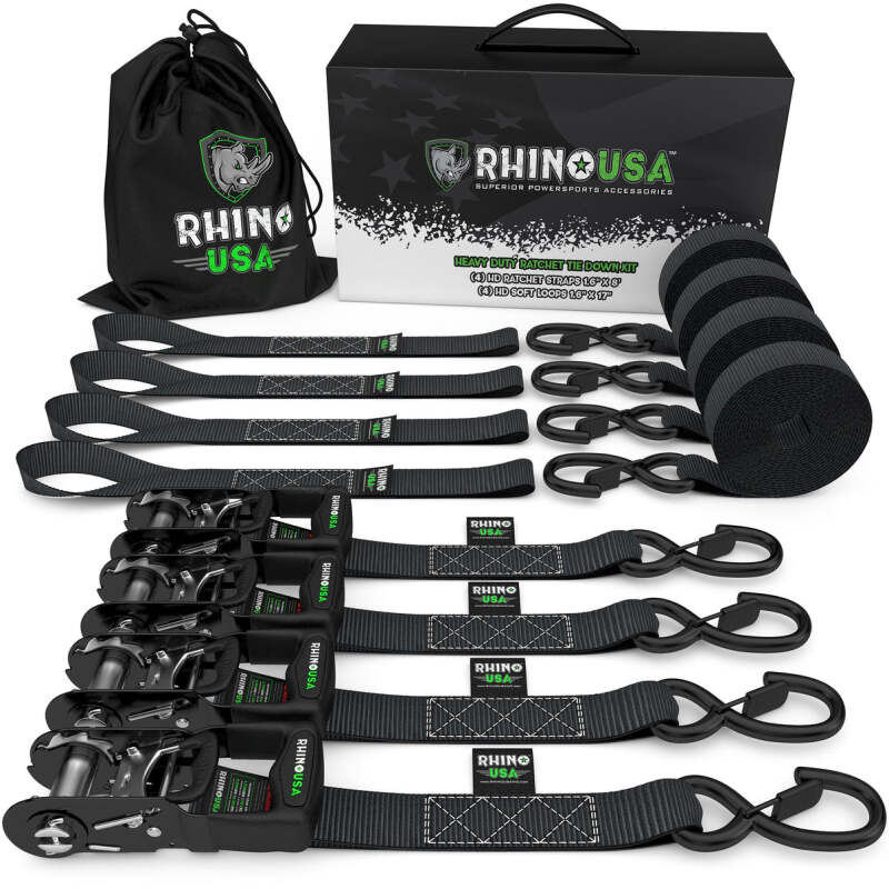 Rhino USA Heavy Duty Ratchet Tie-Down 4-Pack (Black) 1.6In X 8Ft Rhino USA Cargo Tie-Downs AXOPROS