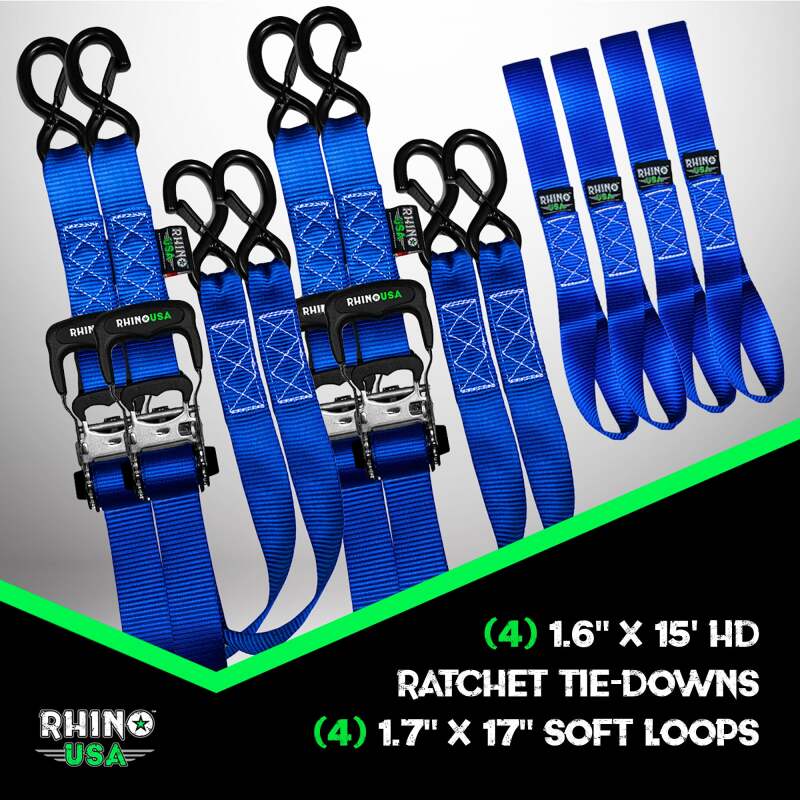 Rhino USA Heavy Duty Ratchet Tie-Down 4-Pack Blue 1.6In X 15Ft Rhino USA Cargo Tie-Downs AXOPROS