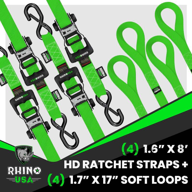 Rhino USA Heavy Duty Ratchet Tie-Down 4-Pack (Green) 1.6In X 8Ft Rhino USA Cargo Tie-Downs AXOPROS