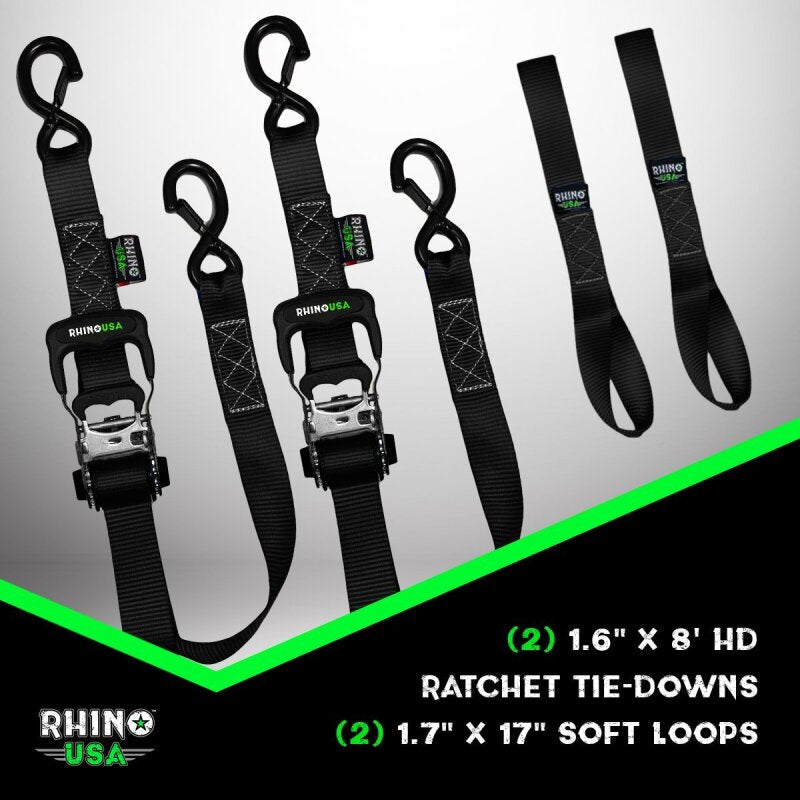 Rhino USA Heavy Duty Ratchet Tie-Downs 2-Pack (Green) 1.6In X 8Ft Rhino USA Cargo Tie-Downs AXOPROS