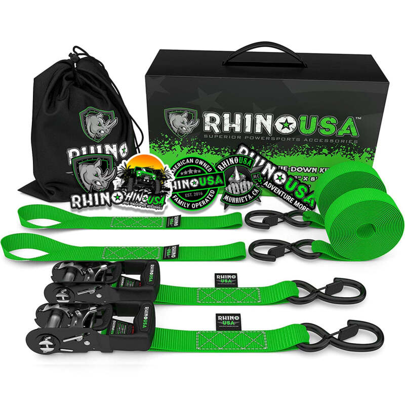 Rhino USA Heavy Duty Ratchet Tie-Downs 2-Pack (Green) 1.6In X 8Ft Rhino USA Cargo Tie-Downs AXOPROS