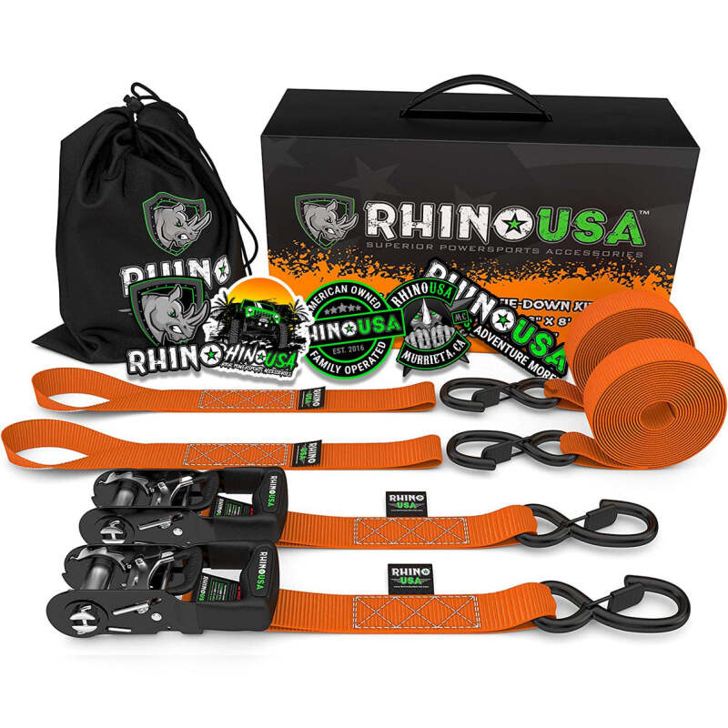 Rhino USA Heavy Duty Ratchet Tie-Downs 2-Pack (Orange) 1.6In X 8Ft Rhino USA Cargo Tie-Downs AXOPROS