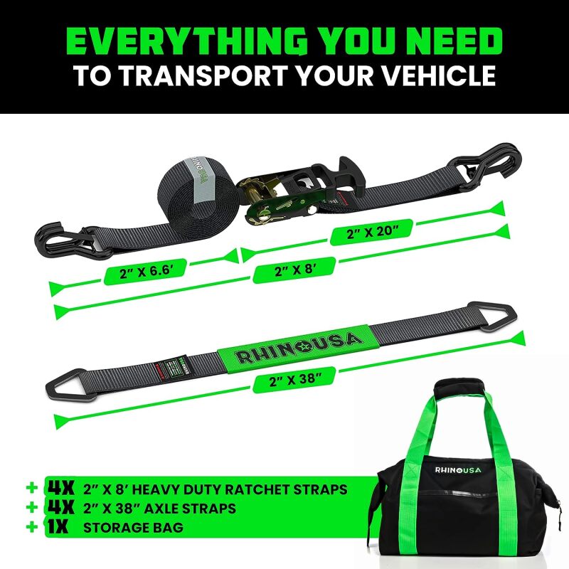 Rhino USA Heavy Duty Vehicle Tie Down Kit- Green Rhino USA Cargo Tie-Downs AXOPROS