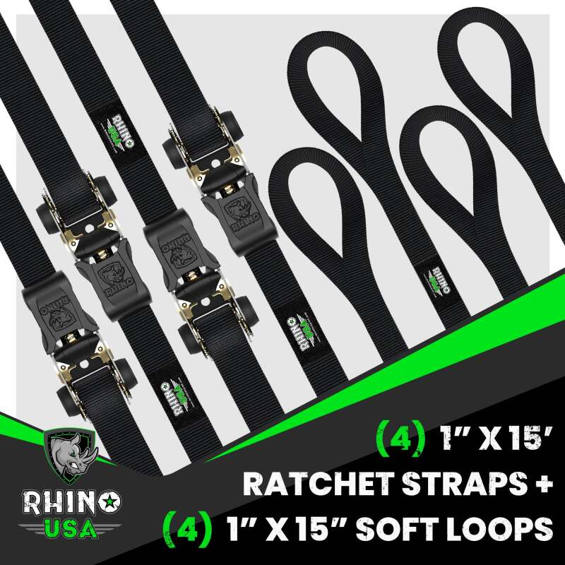Rhino USA Medium Duty Ratchet Strap Tie-Down 4-Pack (Black) Rhino USA Cargo Tie-Downs AXOPROS