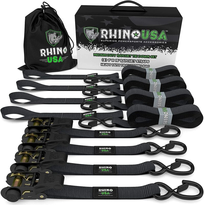 Rhino USA Medium Duty Ratchet Strap Tie-Down 4-Pack (Black) Rhino USA Cargo Tie-Downs AXOPROS