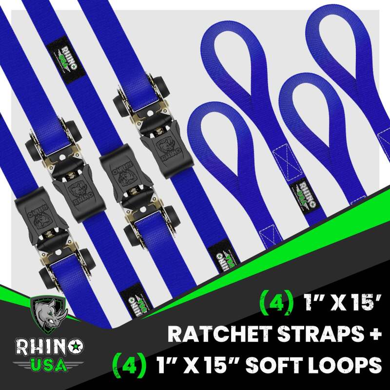 Rhino USA Medium Duty Ratchet Strap Tie-Down 4-Pack (Blue) Rhino USA Cargo Tie-Downs AXOPROS