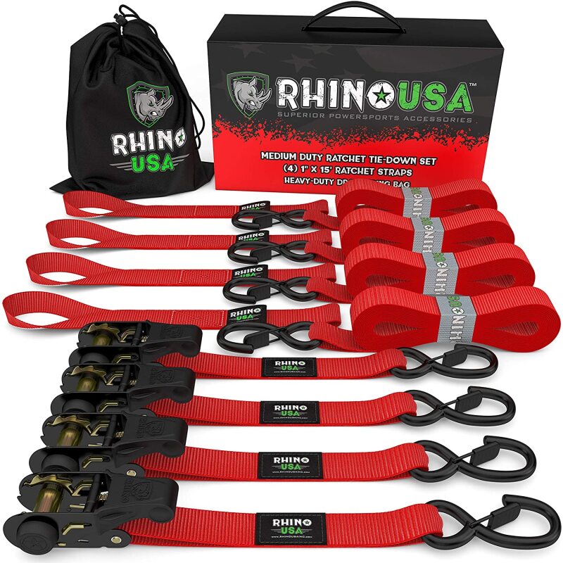 Rhino USA Medium Duty Ratchet Strap Tie-Down 4-Pack (Red) Rhino USA Cargo Tie-Downs AXOPROS