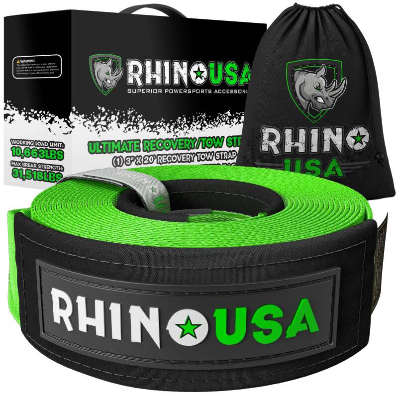 Rhino USA Recovery Tow Strap 3Inx30Ft (Green) Rhino USA Tow Straps AXOPROS