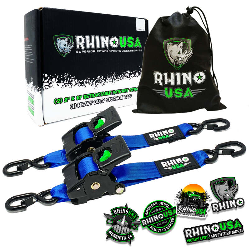 Rhino USA Retractable Ratchet Straps (2Pk 2Inx10Ft) Blue Rhino USA Tow Straps AXOPROS