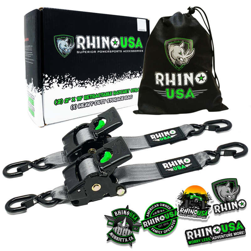 Rhino USA Retractable Ratchet Straps (2Pk 2Inx10Ft) Gray Rhino USA Tow Straps AXOPROS
