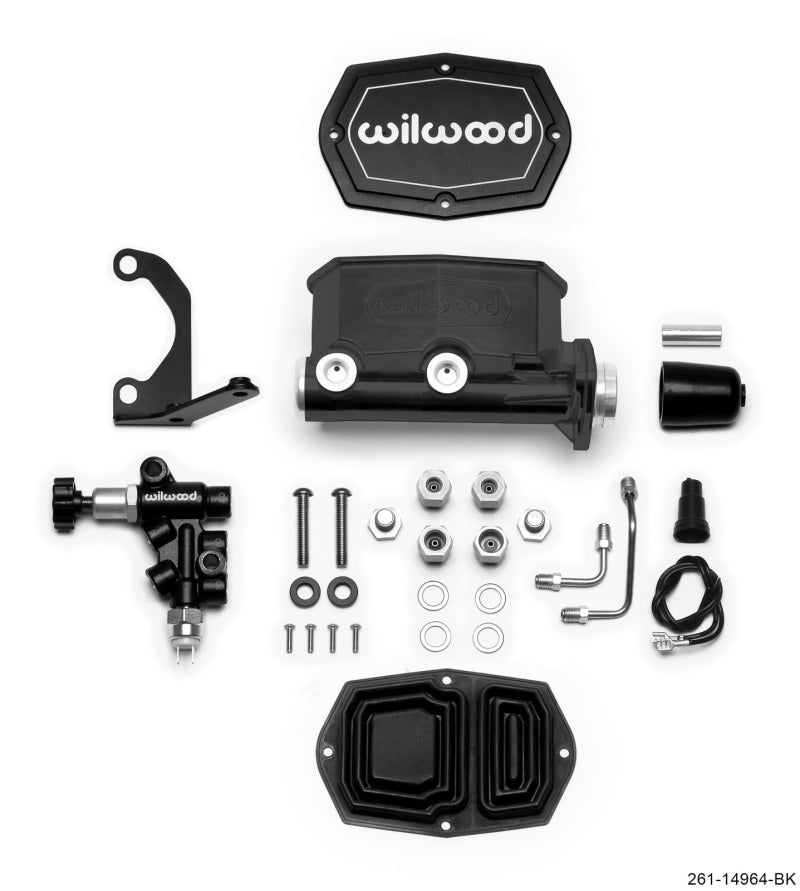 Wilwood Compact Tandem M/C - 1.12in Bore - w/Bracket and Valve - Black Wilwood Brake Master Cylinder AXOPROS