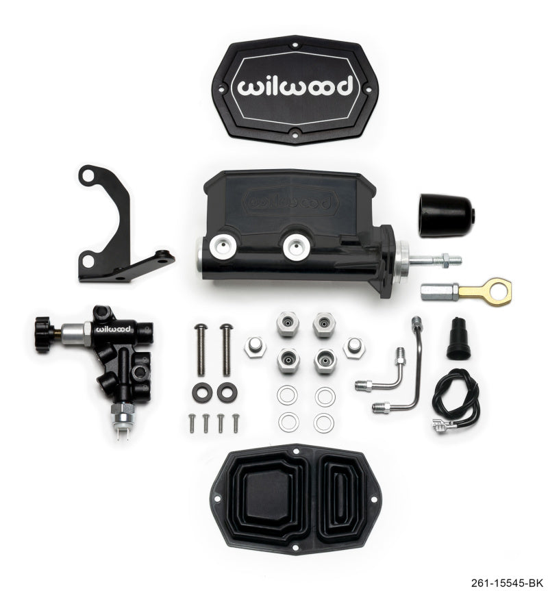 Wilwood Compact Tandem M/C - 1.12in Bore w/Bracket and Valve fits Mustang (Pushrod) - Black Wilwood Brake Master Cylinder AXOPROS