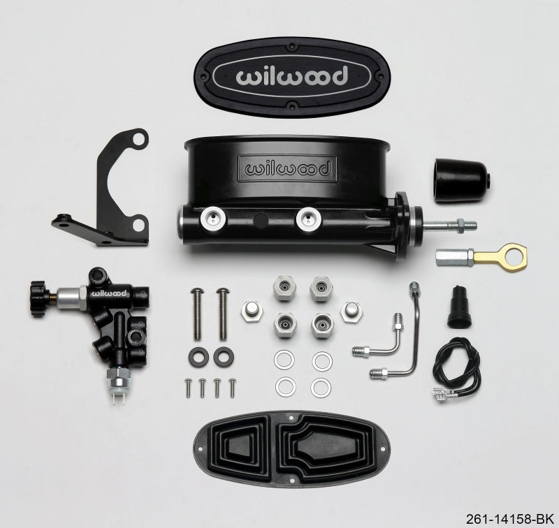 Wilwood HV Tandem M/C Kit w L/H Bracket & Prop Valve - 15/16in Bore Black-W/Push. - Early Mustang Wilwood Brake Master Cylinder AXOPROS