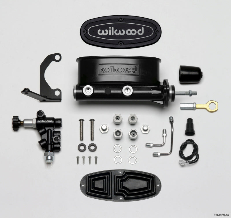 Wilwood HV Tandem M/C Kit w L/H Bracket & Prop Valve - 7/8in Bore Black-W/Push. - Early Mustang Wilwood Brake Master Cylinder AXOPROS