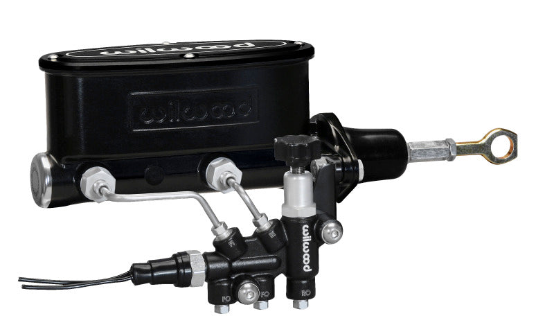 Wilwood HV Tandem M/C Kit w L/H Bracket & Prop Valve - 7/8in Bore Black-W/Push. - Early Mustang Wilwood Brake Master Cylinder AXOPROS