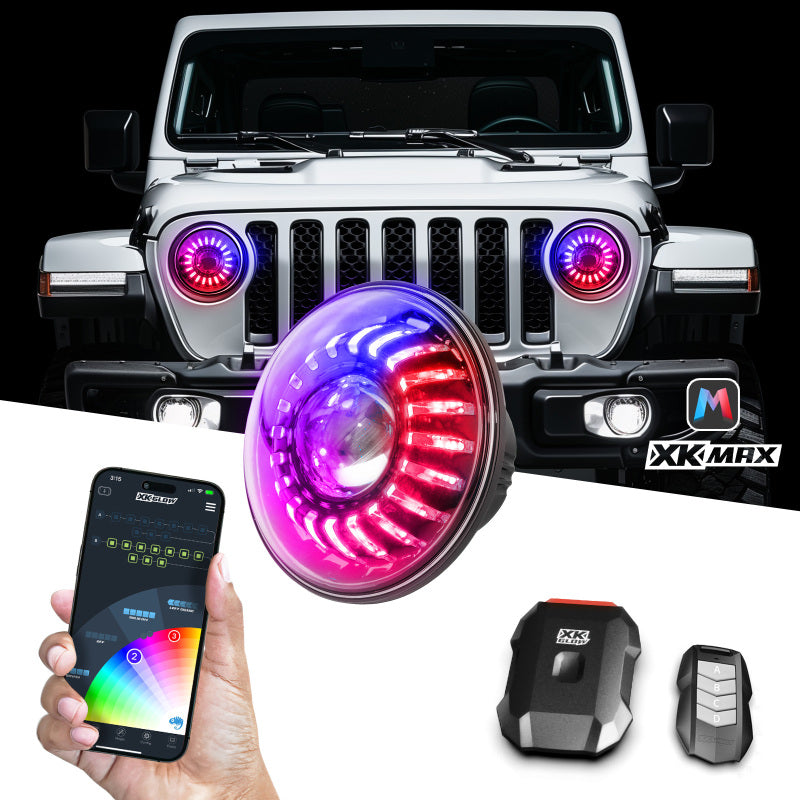 XK Glow 2019+ Jeep Wrangler JL/JT 7in Headlight XKmax RGBW Kit w/ Mnt Brkt App Cntrl 2pc XKGLOW Light Accessories and Wiring AXOPROS
