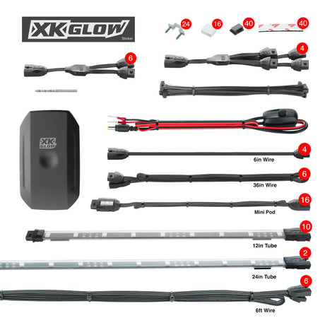 XKGLOW XK Glow Million Color XKCHROME App Controlled Offroad UTV Kit 2x24In Tube + 10x12In Tube + 16xPods Light Accessories and Wiring aftermarket performance part