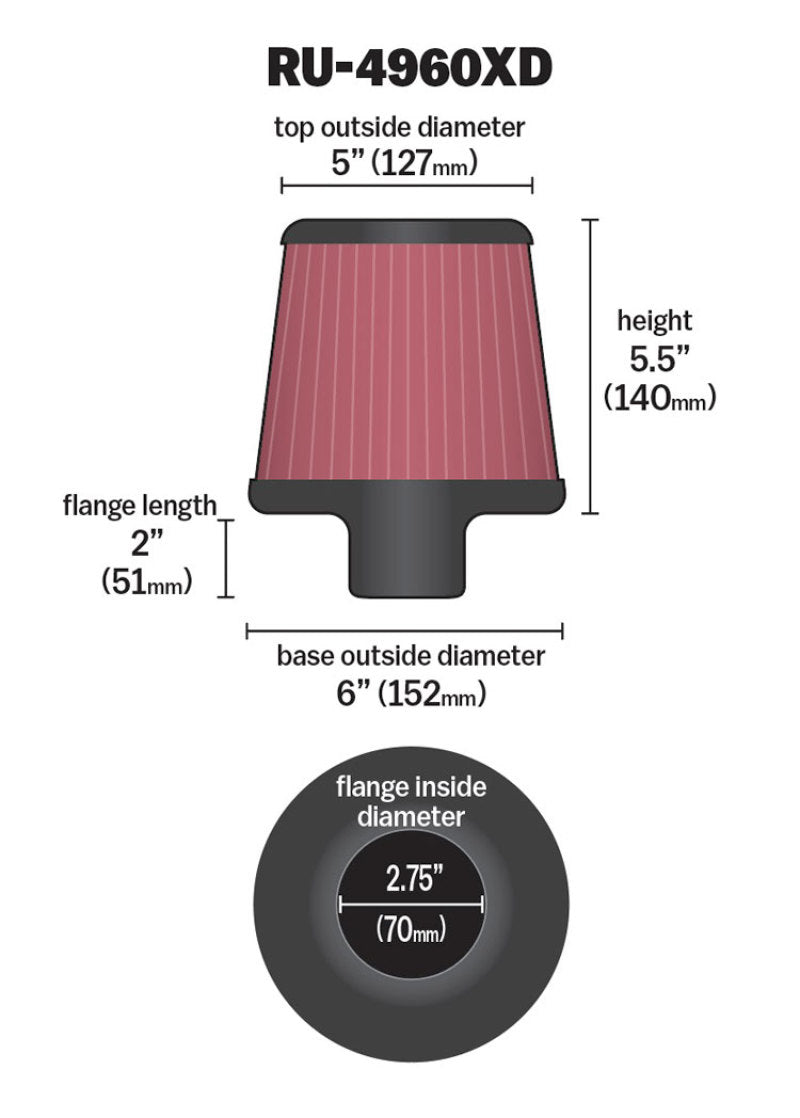 K&N Filter Universal Clamp-On Filter-Round Tapered 2.75in Flange ID x 6in Base OD x 5in Top OD K&N Engineering Air Filters - Universal Fit  AXOPROS