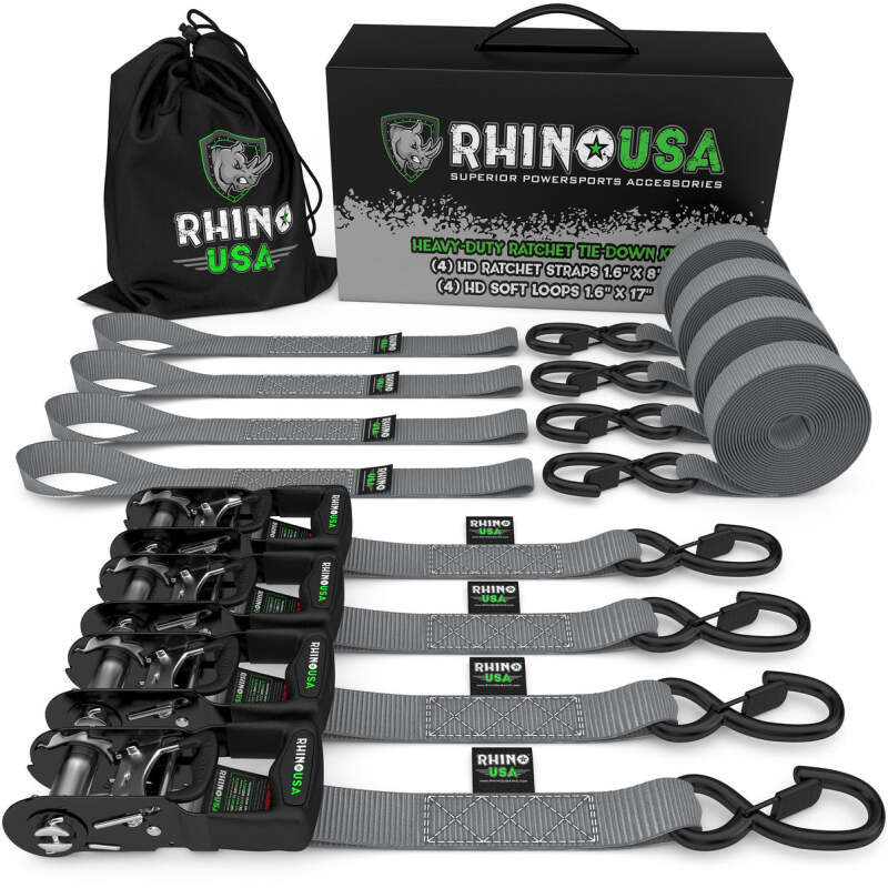 Rhino USA Heavy Duty Ratchet Tie-Down 4-Pack (Gray) 1.6In X 8Ft Rhino USA Cargo Tie-Downs  AXOPROS