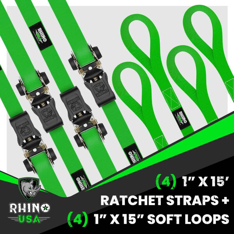 Rhino USA Medium Duty Ratchet Strap Tie-Down 4-Pack (Green) Rhino USA Cargo Tie-Downs  AXOPROS