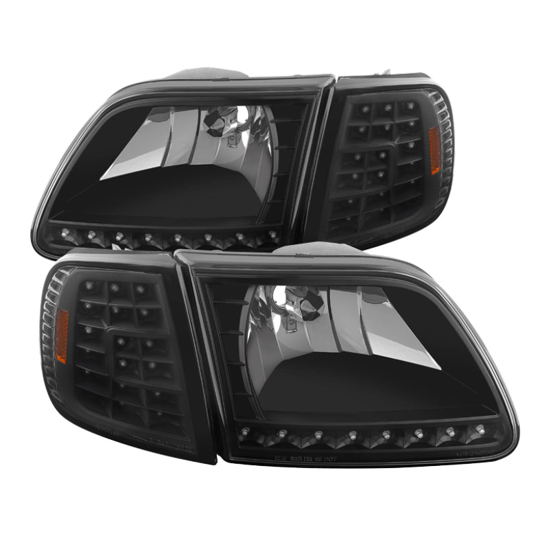 Xtune Ford F150 97-03 Crystal Headlights w/ Clear LED Corners Black HD-ON-FF15097-LED-SET-BK SPYDER Headlights  AXOPROS