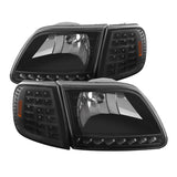 Xtune Ford F150 97-03 Crystal Headlights w/ Clear LED Corners Black HD-ON-FF15097-LED-SET-BK SPYDER Headlights  AXOPROS