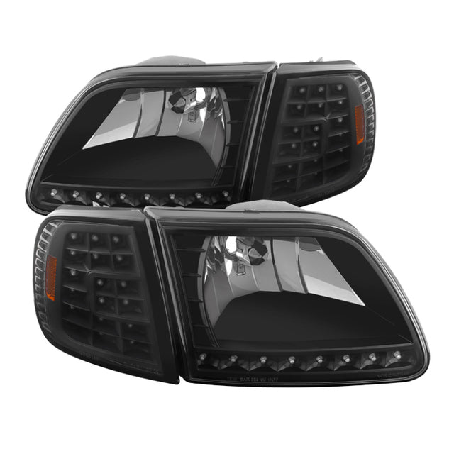 Xtune Ford F150 97-03 Crystal Headlights w/ Clear LED Corners Black HD-ON-FF15097-LED-SET-BK SPYDER Headlights  AXOPROS