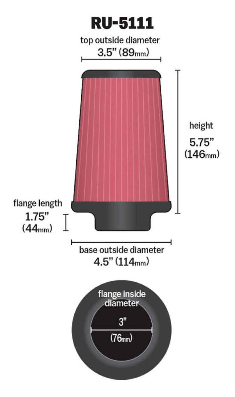 K&N Filter Universal Rubber Filter 3  Flange 4 1/2 Base inch 3 1/2 inch Top 5 3/4 inch Height K&N Engineering Air Filters - Universal Fit  AXOPROS