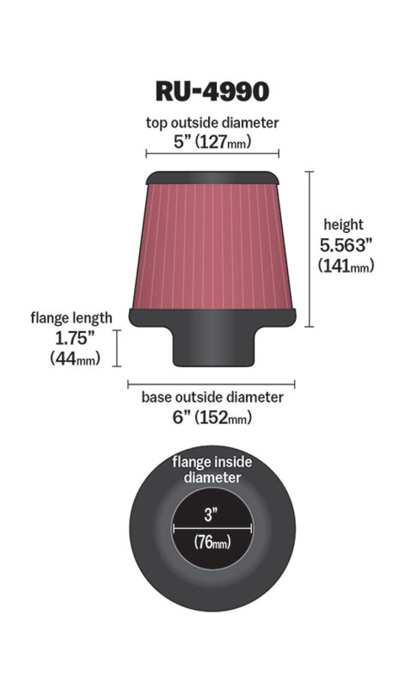 K&N Filter Universal Rubber Filter-Rd Tapered 3in Flange ID x 6in Base OD x 5in Top OD x 5.563in H K&N Engineering Air Filters - Universal Fit  AXOPROS