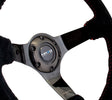 NRG Reinforced Steering Wheel (350mm / 3in. Deep) Blk Suede w/Red BBall Stitch & Black 3-Spoke NRG Steering Wheels  AXOPROS