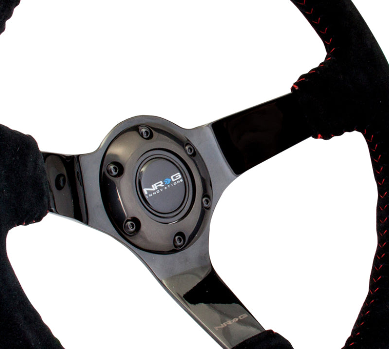 NRG Reinforced Steering Wheel (350mm / 3in. Deep) Blk Suede w/Red BBall Stitch & Black 3-Spoke NRG Steering Wheels  AXOPROS